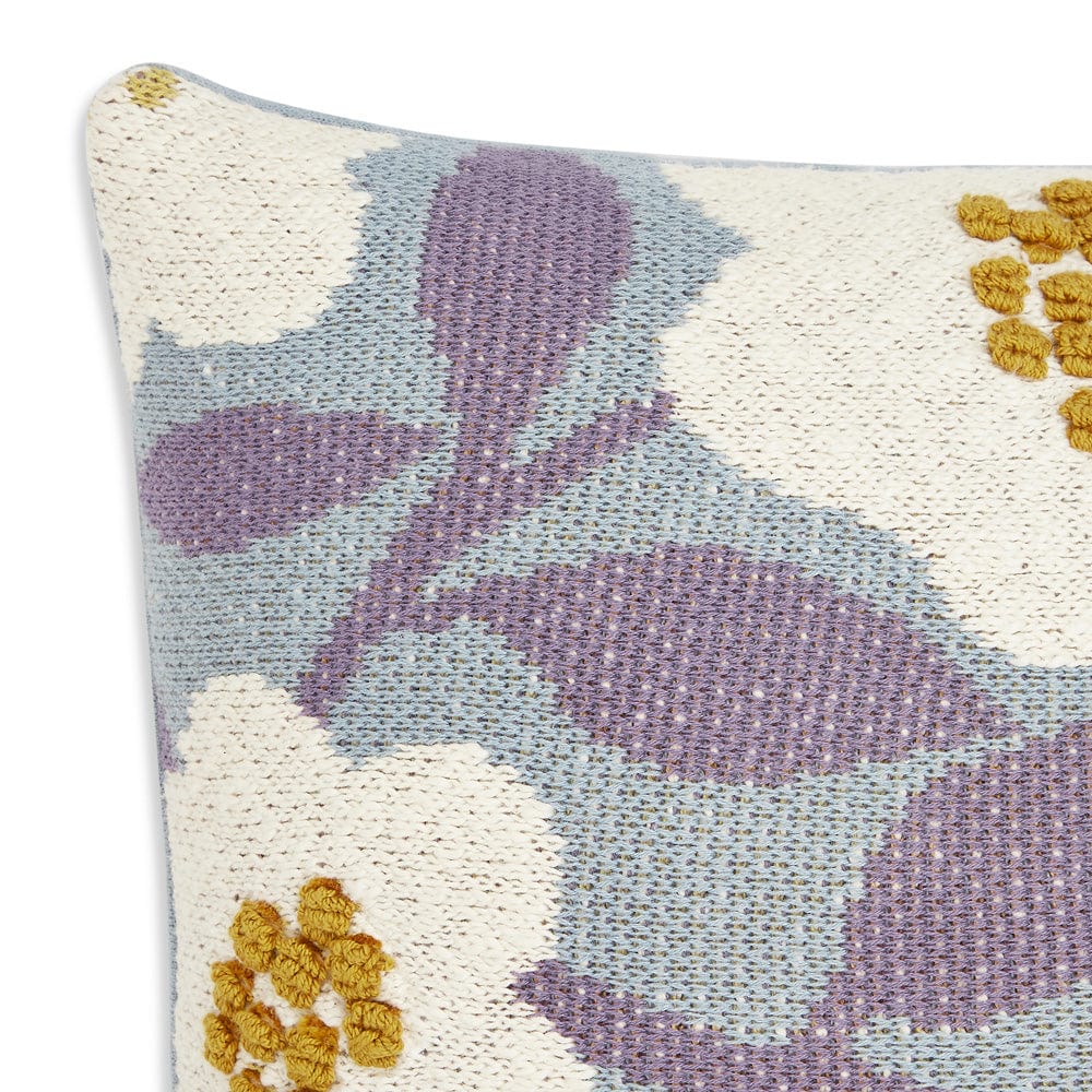 Knitted Embroidered Decorative Cushion Cover, Floral Pattern Blue