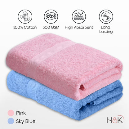 Bath Towel Set of 2, 100% Cotton, Pink & Skyblue