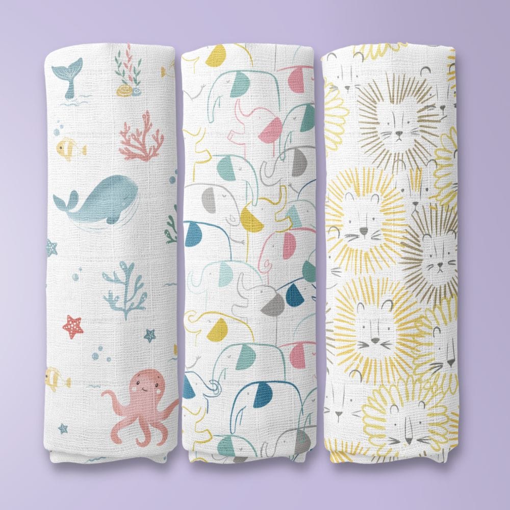 Animal Arcade Collection 100% Cotton Muslin Swaddle Pack Of 3