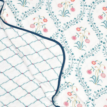 Pink Blossom 100% Cotton Single/Double Size Reversible AC Blanket - Pink & Blue