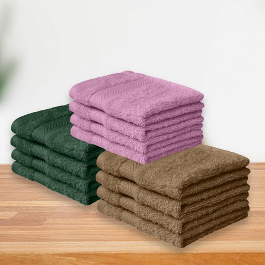 Face Towel Set of 12, 100% Cotton, Olive, Lilac & Brown