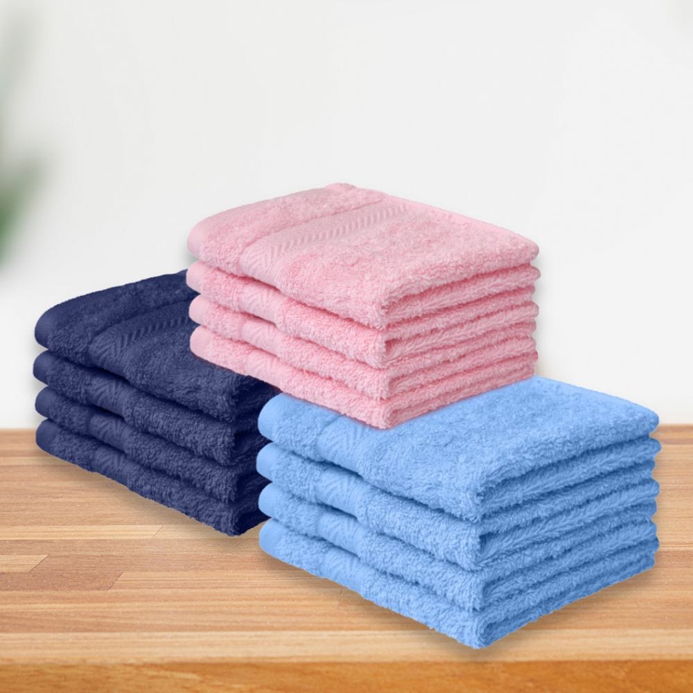 Face Towel Set of 12, 100% Cotton, Pink, Navy & Skyblue