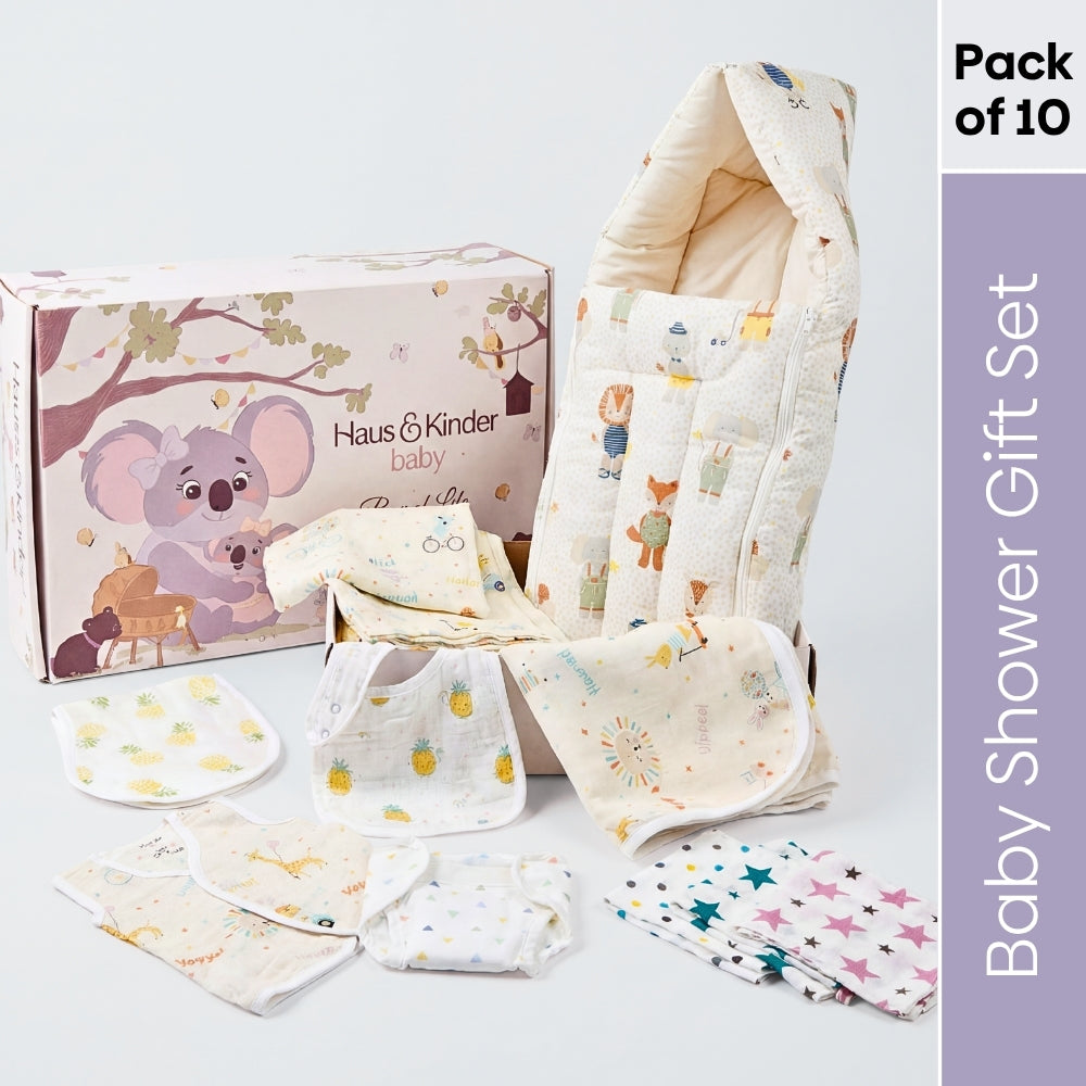 Box Of Love Baby Essentials  I Perfect Baby Shower Gift Pack I – Jungle Joy Edit (Pack of 10)