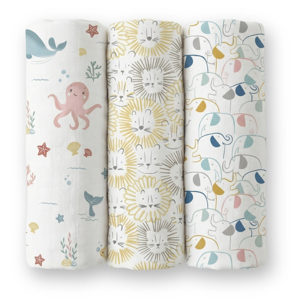 Animal Arcade Collection 100% Cotton Muslin Swaddle Pack Of 3