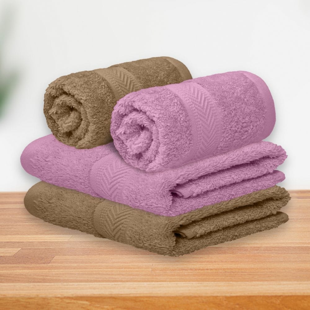 Hand Towel Set of 4, 100% Cotton, Brown & Lilac