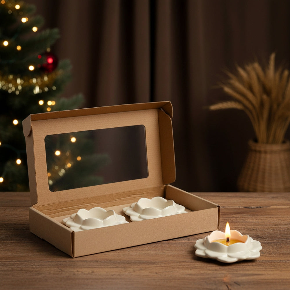 Ceramic White Diya, Set of 2