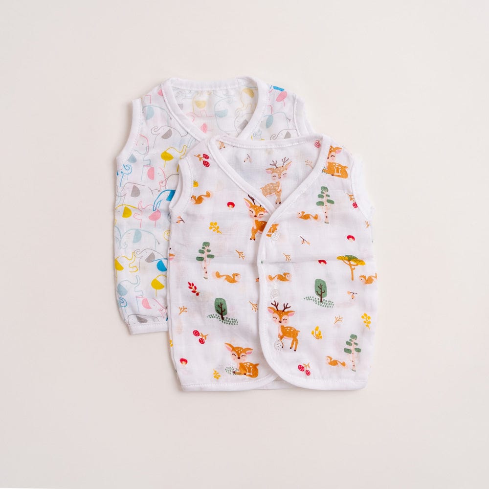 100% Cotton Muslin Vest Pack of 2 - Woodland Animal & Elephant