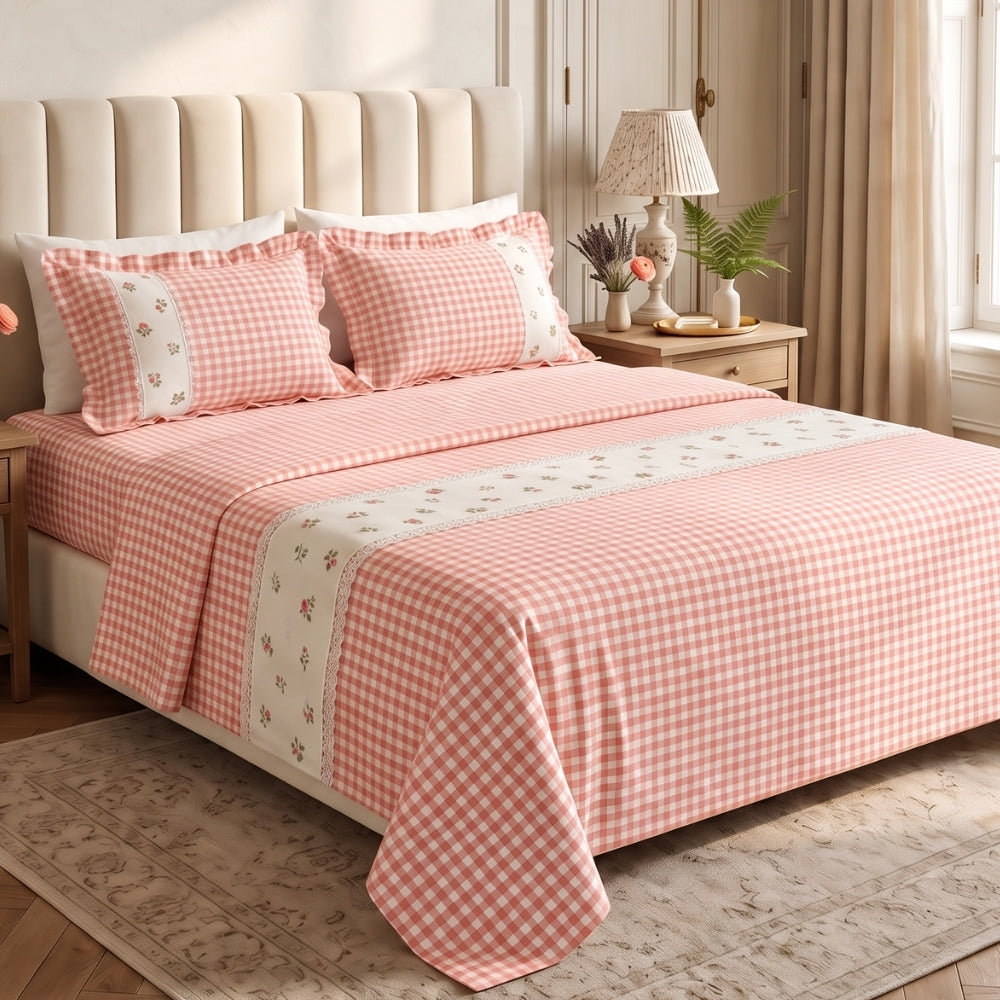 Petal Plaids Embroidered 100% Cotton Bed Cover Set, Blush