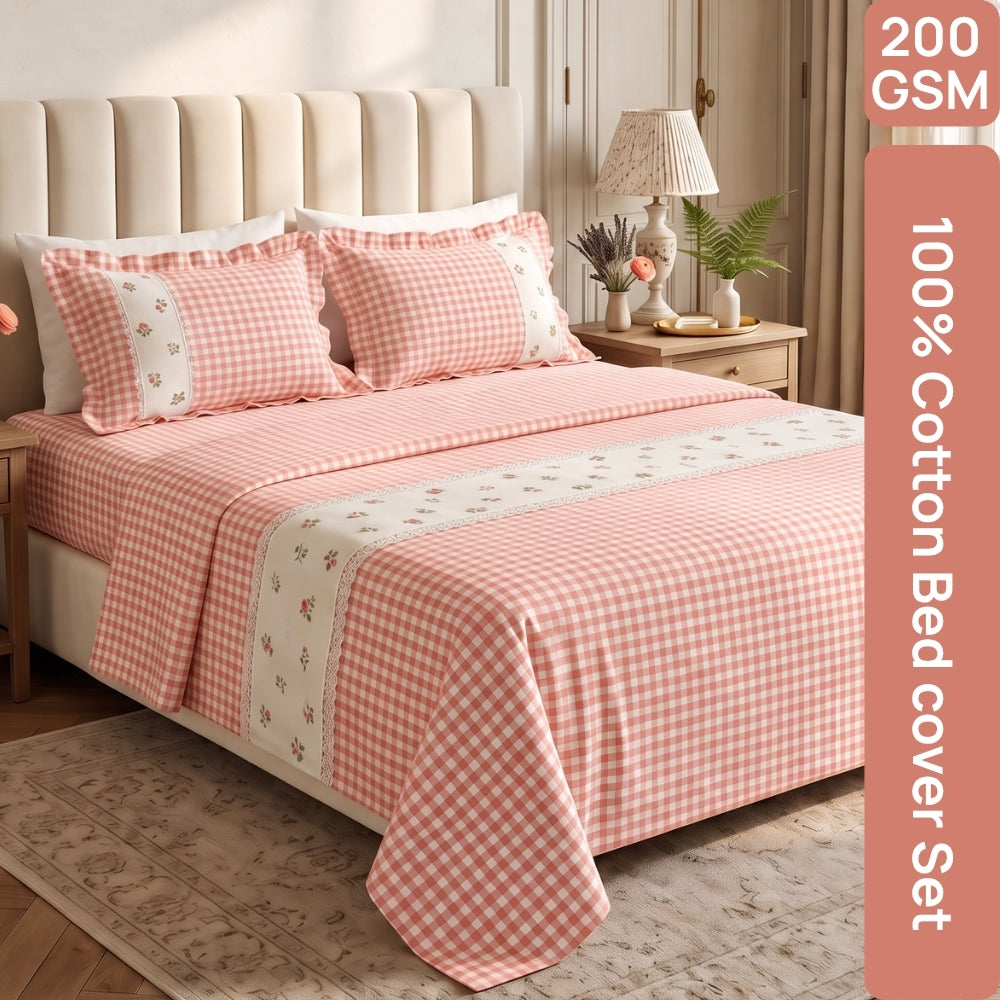 Petal Plaids Embroidered 100% Cotton Bed Cover Set, Blush