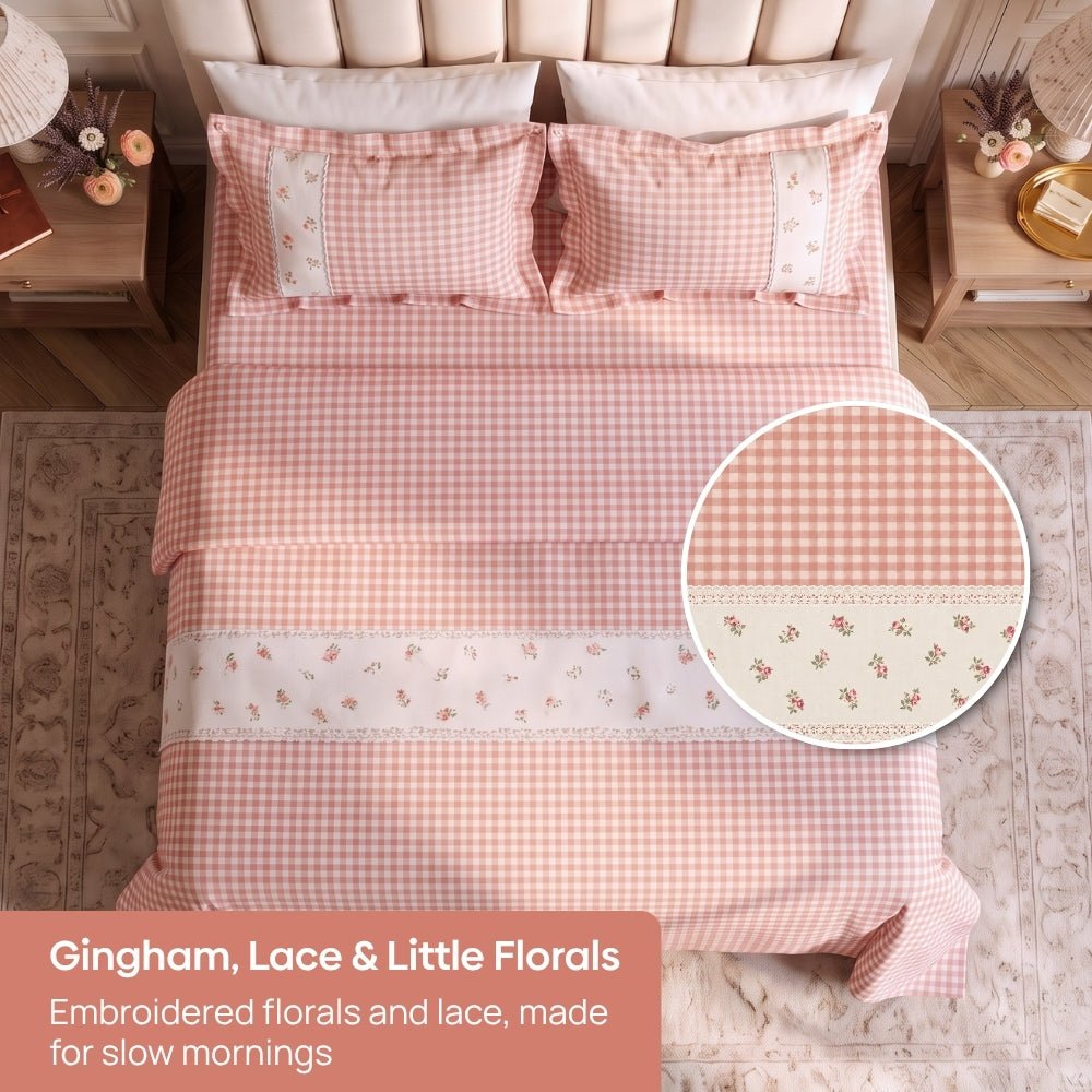 Petal Plaids Embroidered 100% Cotton Bed Cover Set, Blush - Bedcover | haus & kinder