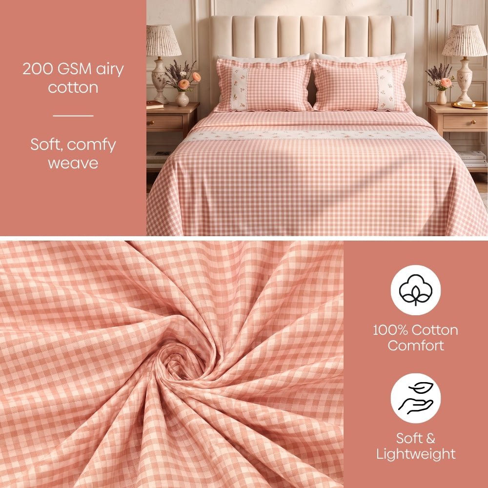 Petal Plaids Embroidered 100% Cotton Bed Cover Set, Blush - Bedcover | haus & kinder