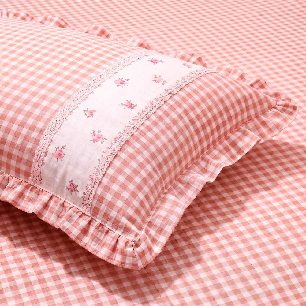 Petal Plaids Embroidered 100% Cotton Bed Cover Set, Blush - Bedcover | haus & kinder