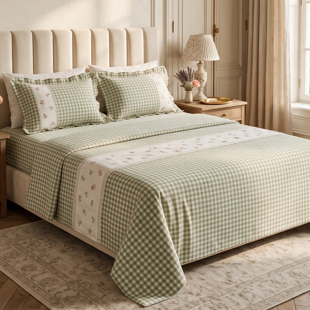 Petal Plaids Embroidered 100% Cotton Bed Cover Set, Sage Green