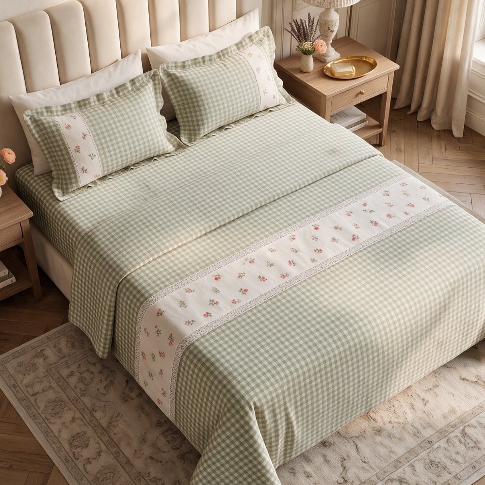 Petal Plaids Embroidered 100% Cotton Bed Cover Set, Sage Green - Bedcover | haus & kinder