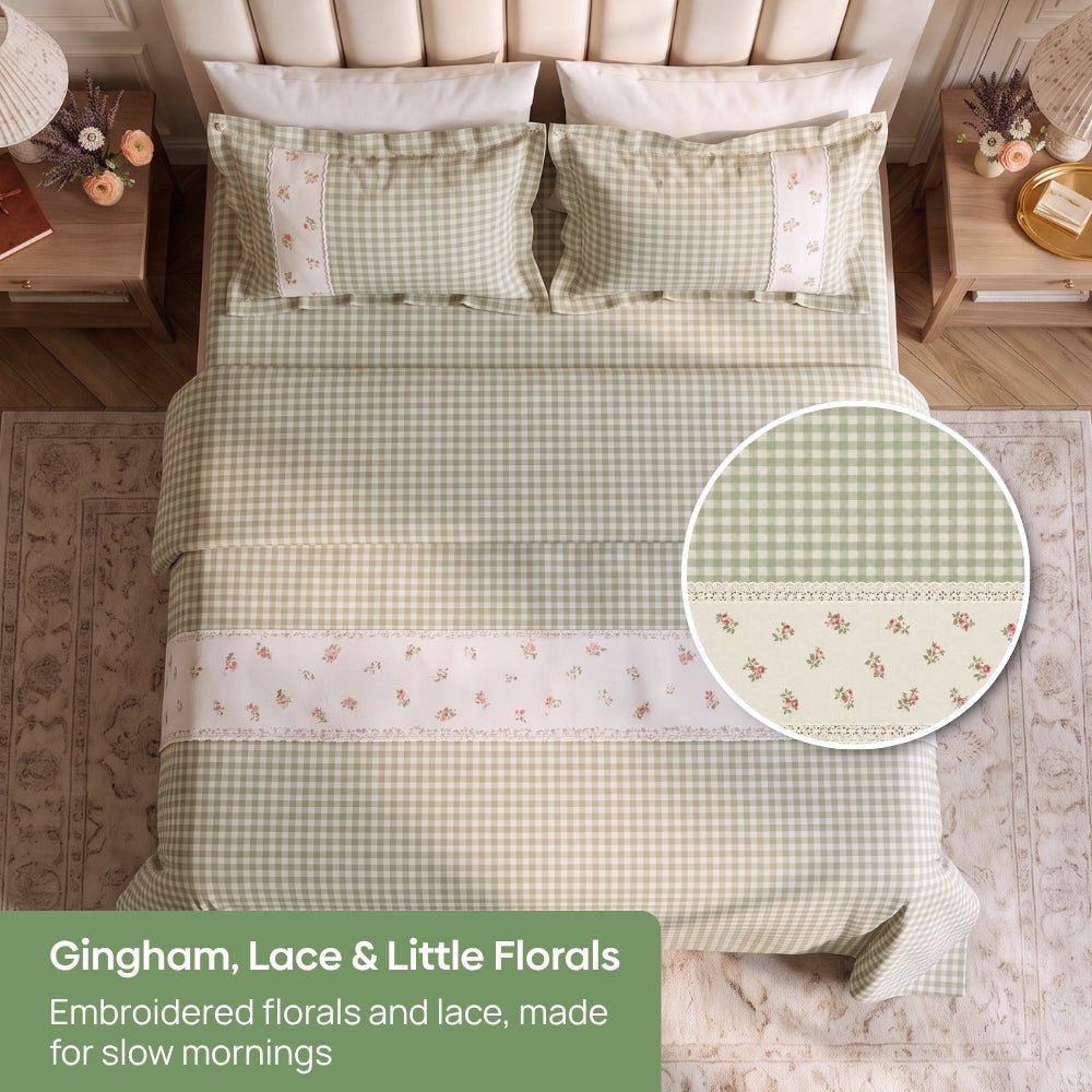 Petal Plaids Embroidered 100% Cotton Bed Cover Set, Sage Green - Bedcover | haus & kinder