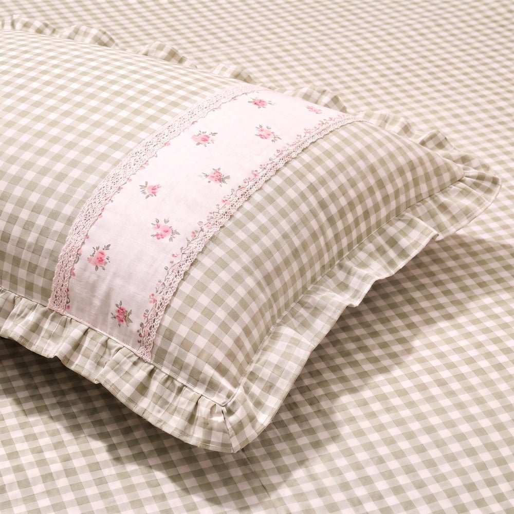 Petal Plaids Embroidered 100% Cotton Bed Cover Set, Sage Green - Bedcover | haus & kinder
