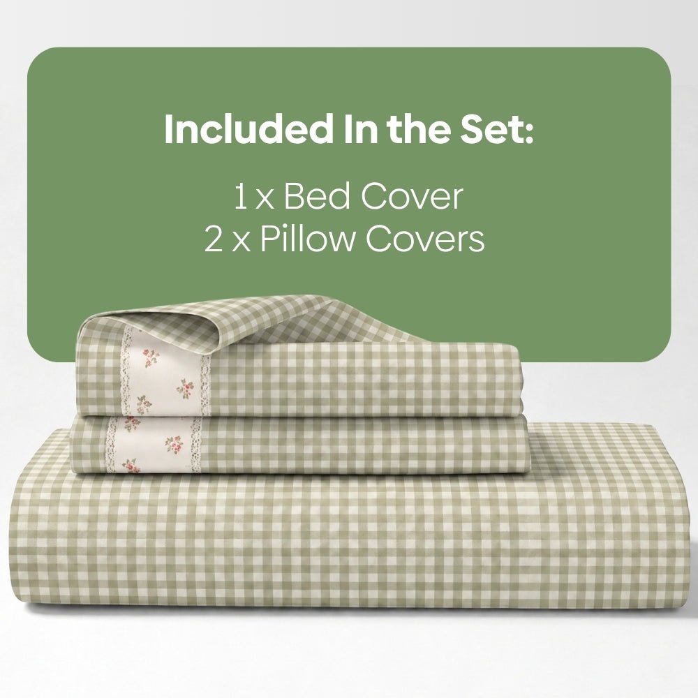 Petal Plaids Embroidered 100% Cotton Bed Cover Set, Sage Green - Bedcover | haus & kinder