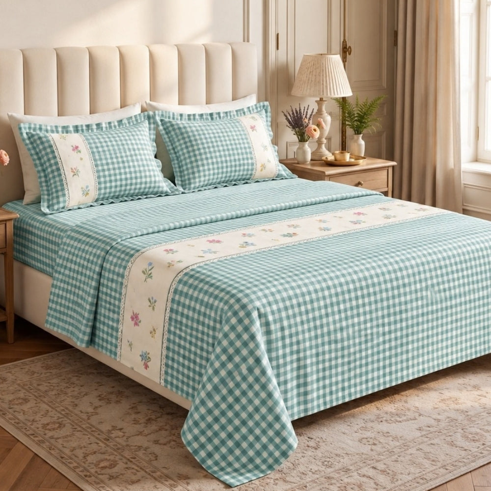 Petal Plaids Embroidered 100% Cotton Bed Cover Set, Sea Blue