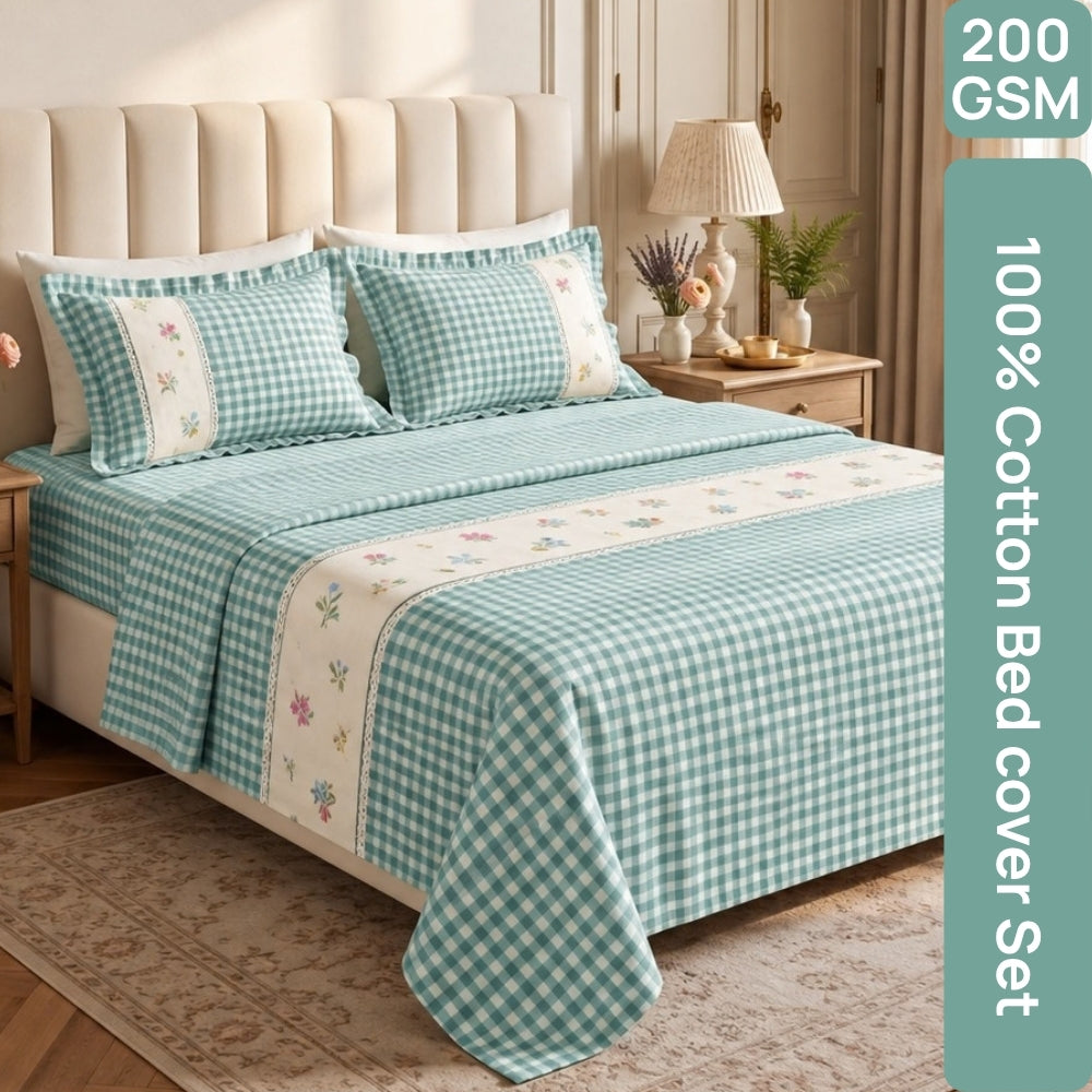 Petal Plaids Embroidered 100% Cotton Bed Cover Set, Sea Blue