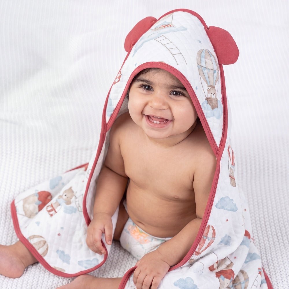 100% 8 Layer Muslin Cotton Hooded Baby Towel with a belt- Cloud Captain - Hooded Towel | haus & kinder