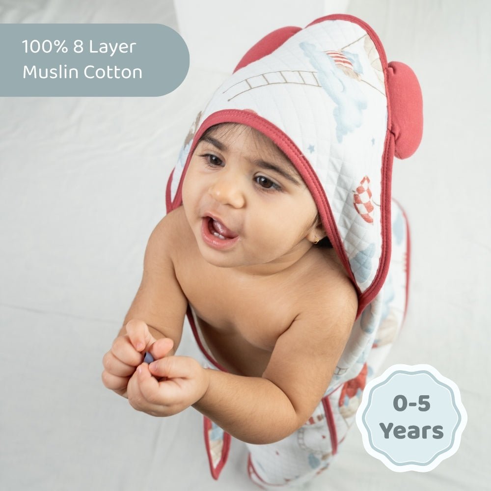 100% 8 Layer Muslin Cotton Hooded Baby Towel with a belt- Cloud Captain - Hooded Towel | haus & kinder