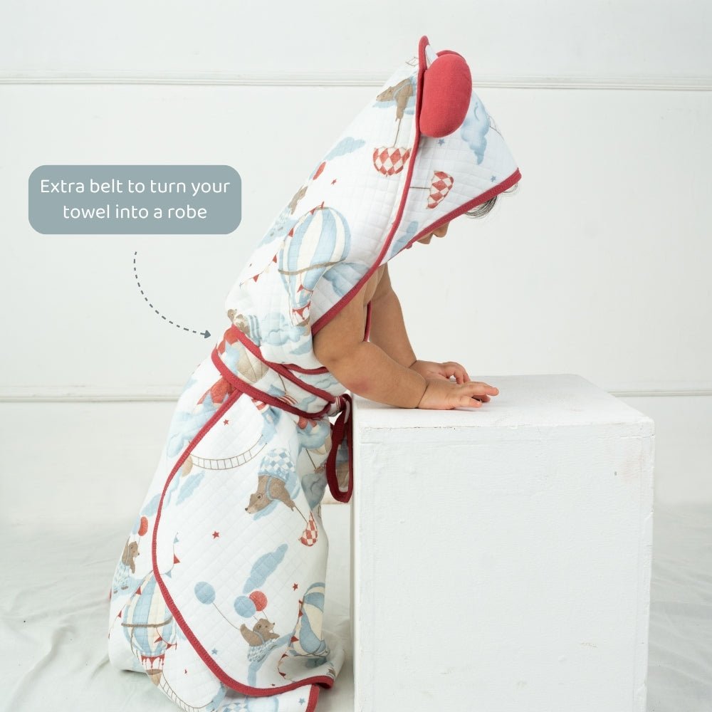 100% 8 Layer Muslin Cotton Hooded Baby Towel with a belt- Cloud Captain - Hooded Towel | haus & kinder