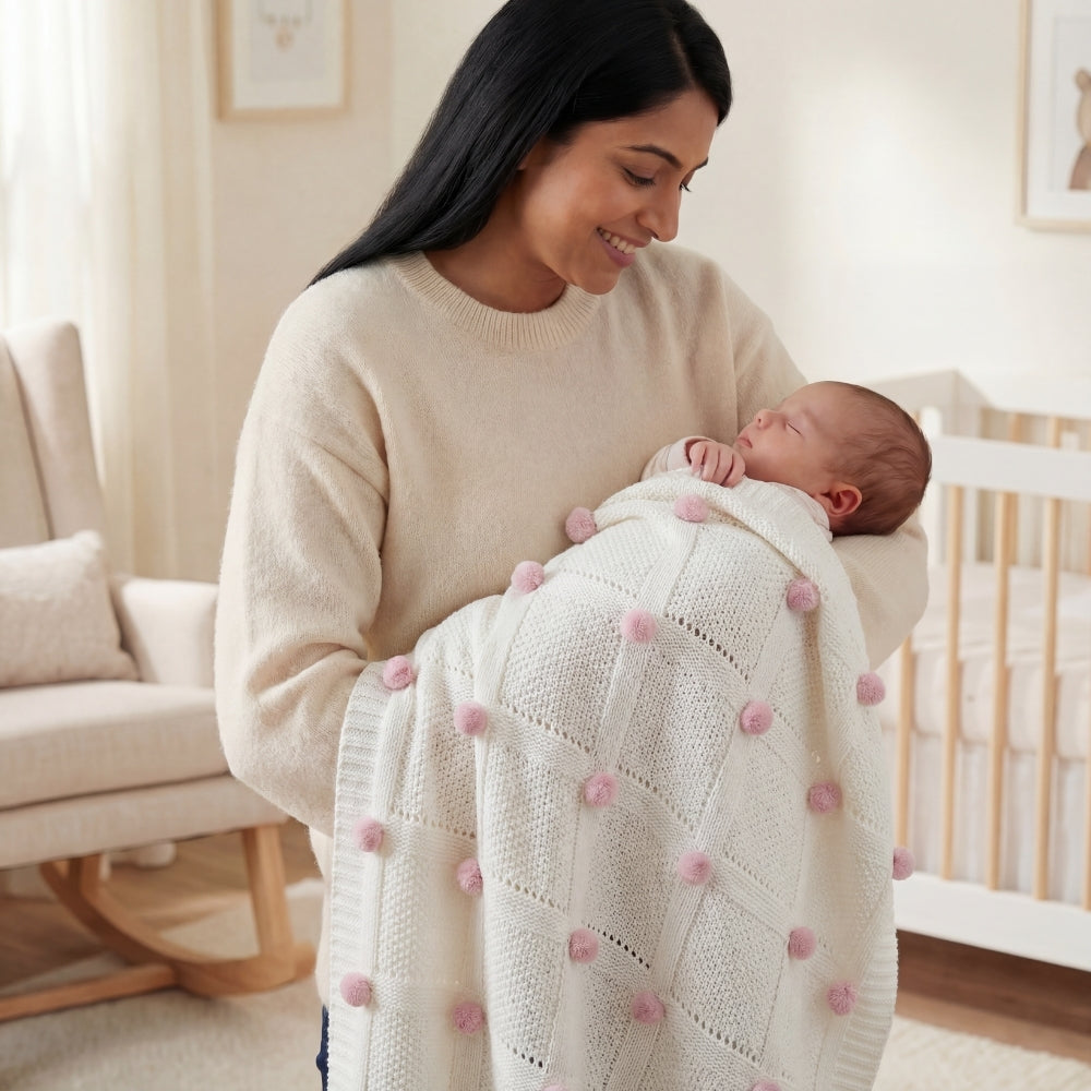 Bubblegum Pink Pom Pom100% pure cotton knitted Summer/AC blanket for baby