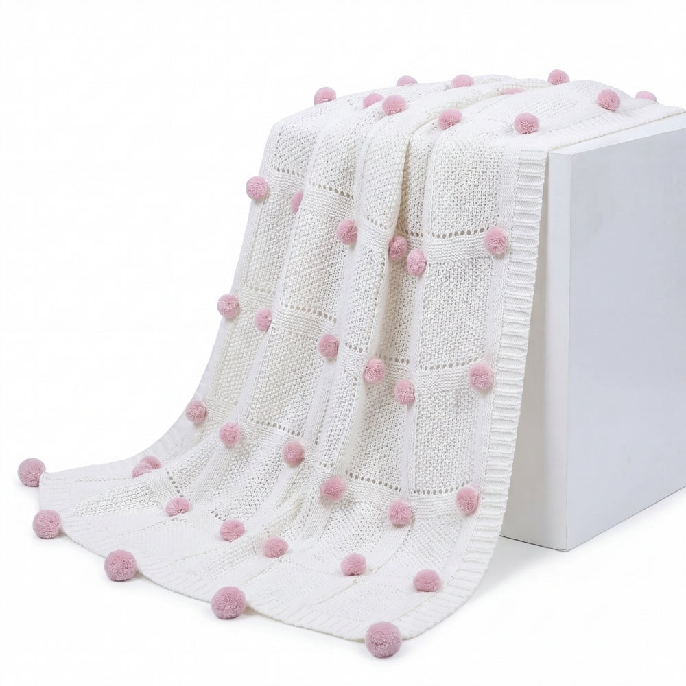 Bubblegum Pink Pom Pom100% pure cotton knitted Summer/AC blanket for baby