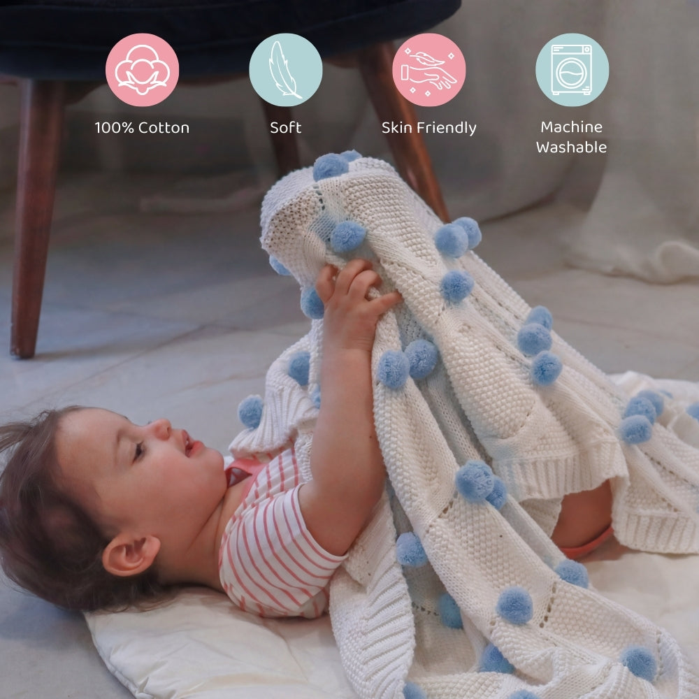 Whimsical Blue Pom Pom100% pure cotton knitted Summer/AC blanket for baby