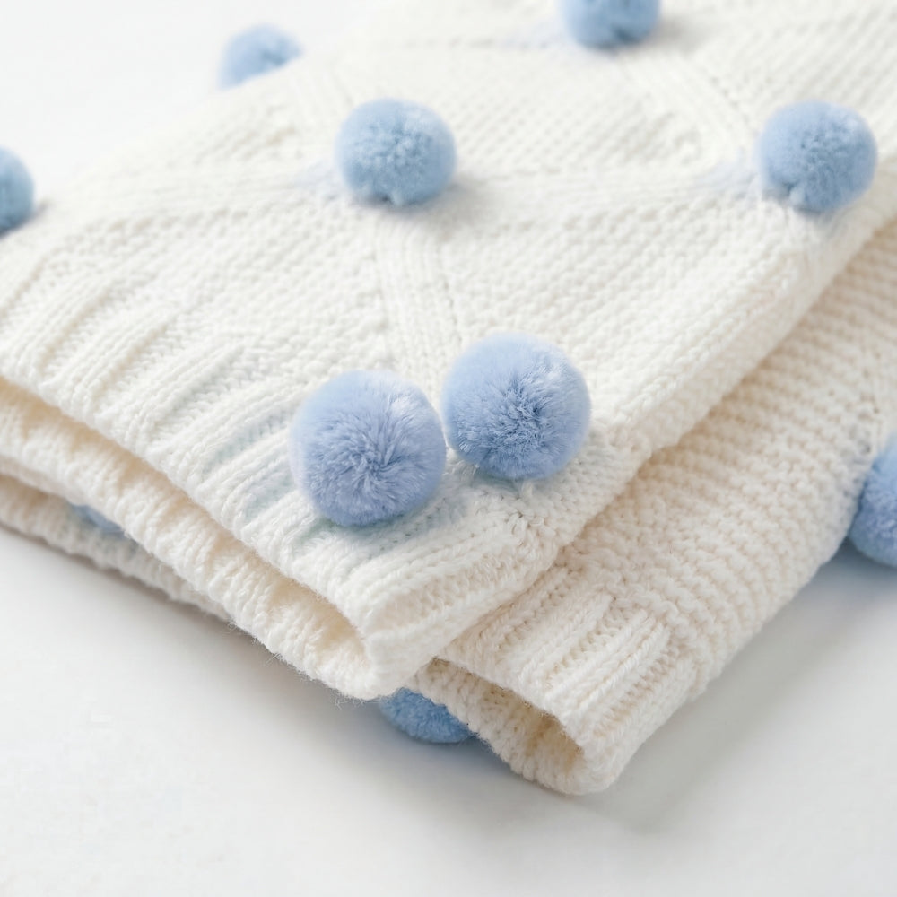 Whimsical Blue Pom Pom100% pure cotton knitted Summer/AC blanket for baby