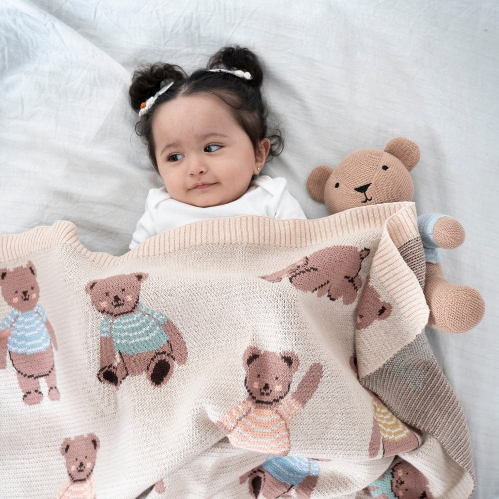 Muffin Bear Knitted Summer/ AC blanket with Toy