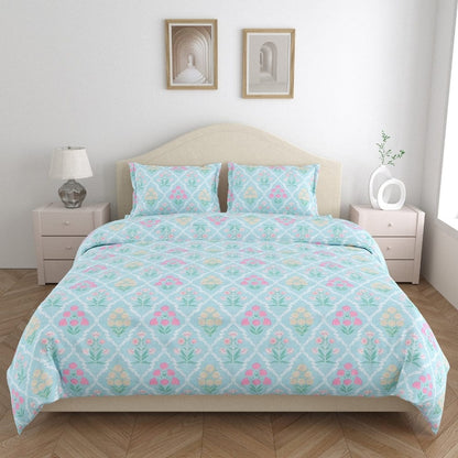 Blue Floral Geometry 186 TC Cotton 100% Printed Flat Double Bedsheet