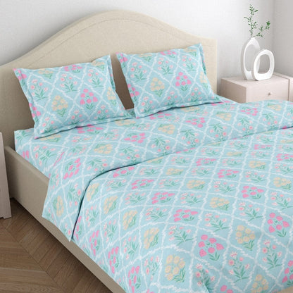 Blue Floral Geometry 186 TC Cotton 100% Printed Flat King Bedsheet