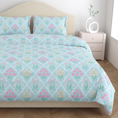 Blue Floral Geometry 186 TC Cotton 100% Printed Flat Double Bedsheet