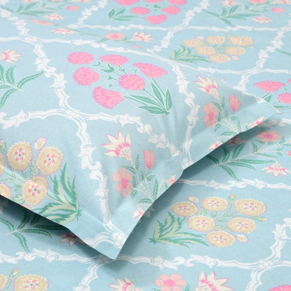 Blue Floral Geometry 186 TC Cotton 100% Printed Flat Double Bedsheet