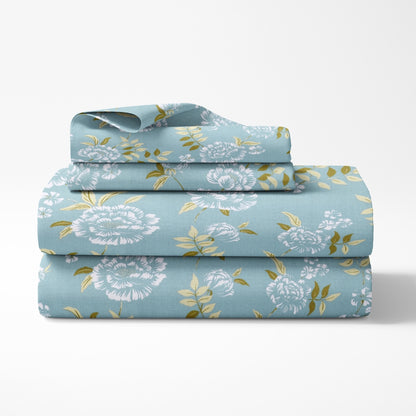 Blue Peony 100% Cotton Double Size Bedsheet, 186 TC