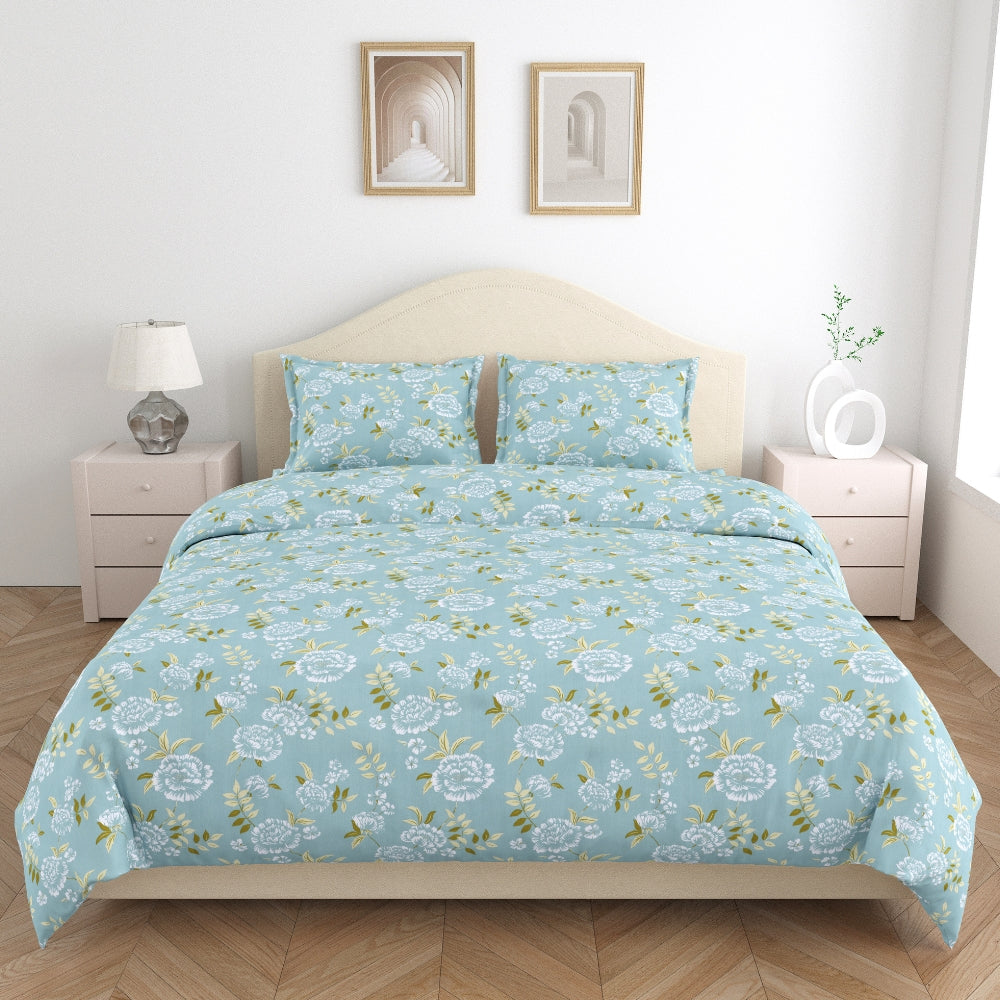 Blue Peony 100% Cotton Double Size Bedsheet, 186 TC