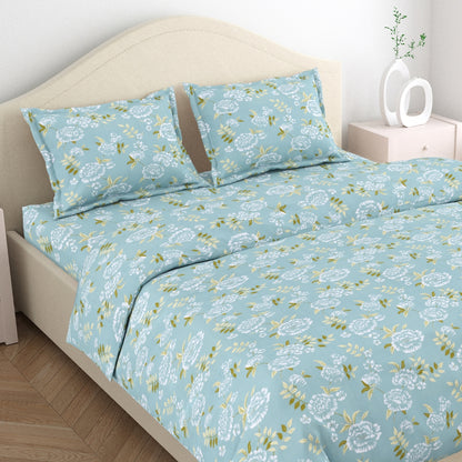 Blue Peony 100% Cotton Double Size Bedsheet, 186 TC