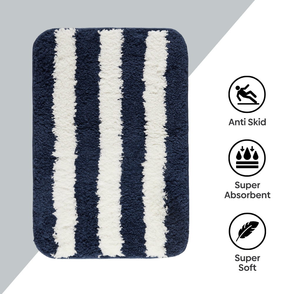 Plush Microfiber Stripe Bathmat, Dark Blue