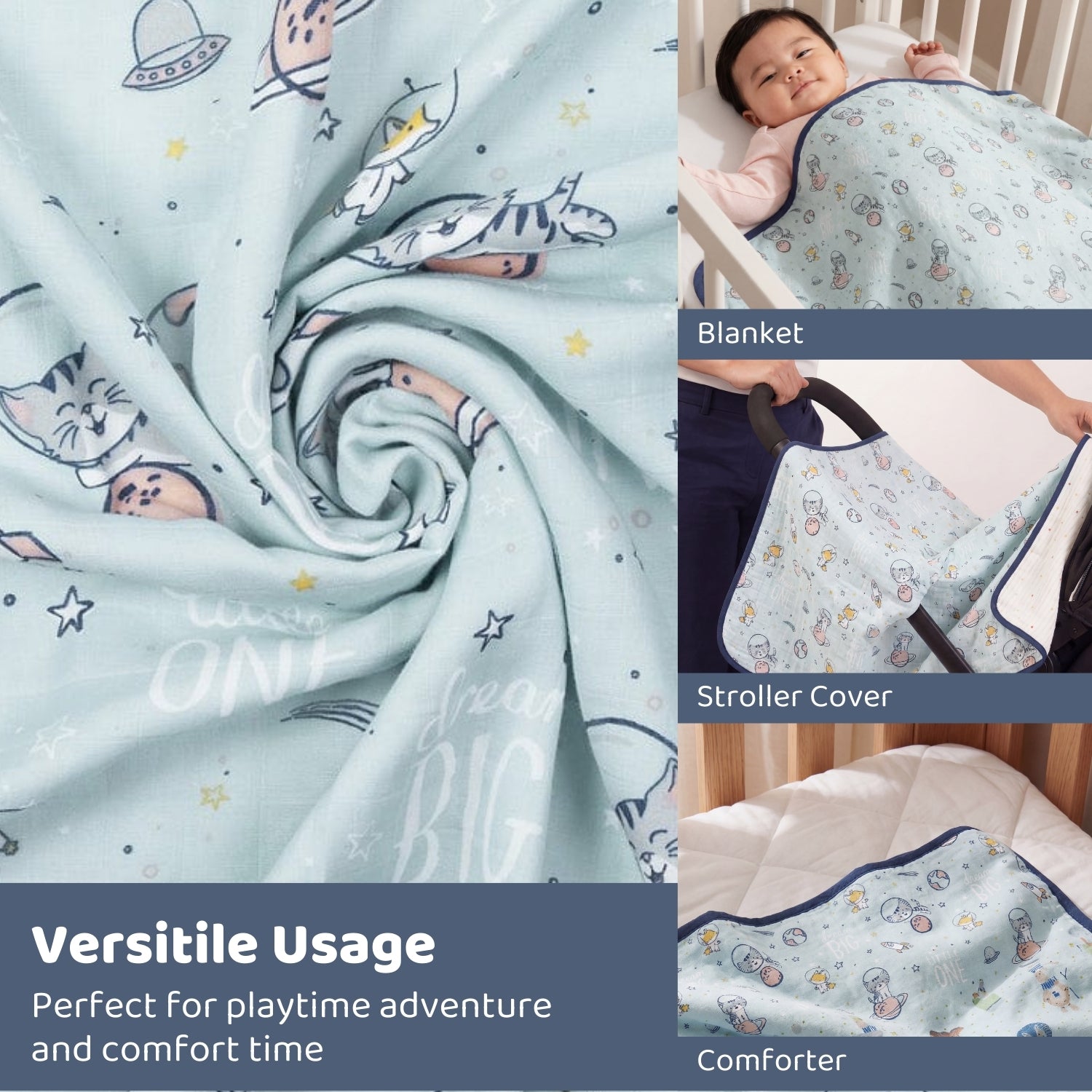 Spacewalk 100% Cotton Muslin Reversible Blanket for New Born Baby| 0-2 Years