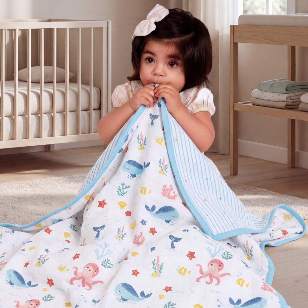 Vitamin Sea 100% Cotton Muslin Reversible Blanket for New Born Baby