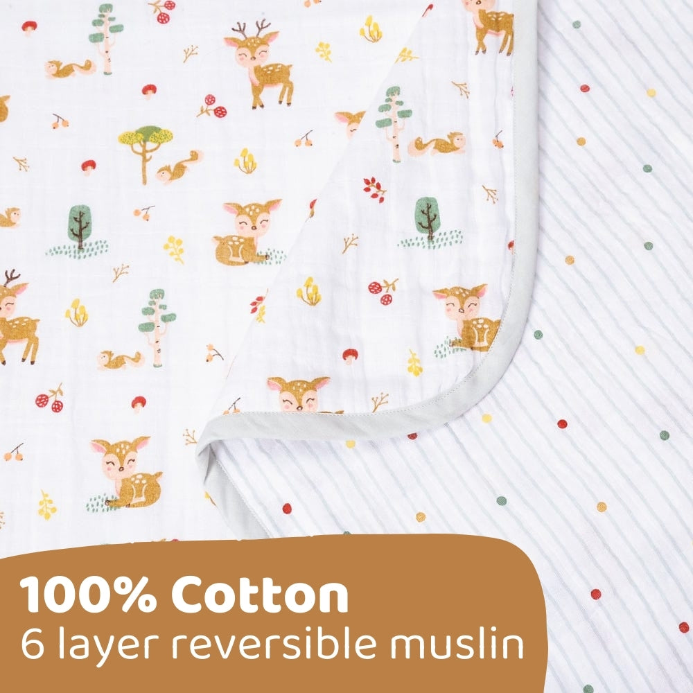 Whimsical Woodland 100% Cotton Muslin Reversible Blanket for New Born Baby