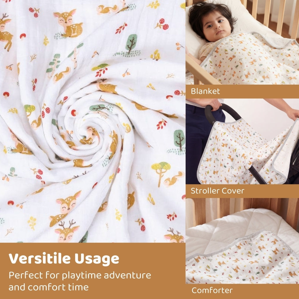 Whimsical Woodland 100% Cotton Muslin Reversible Blanket for New Born Baby