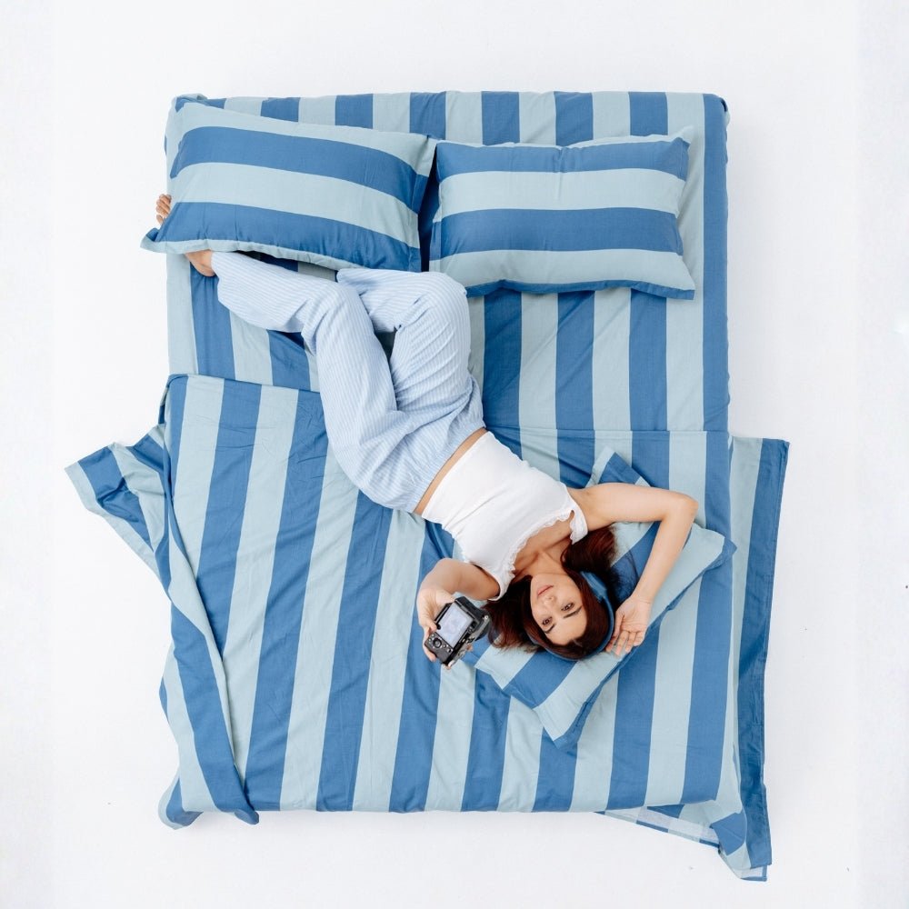 Asagi Stripe 100% Cotton Double Bedsheet, 186TC - Double Size | haus & kinder