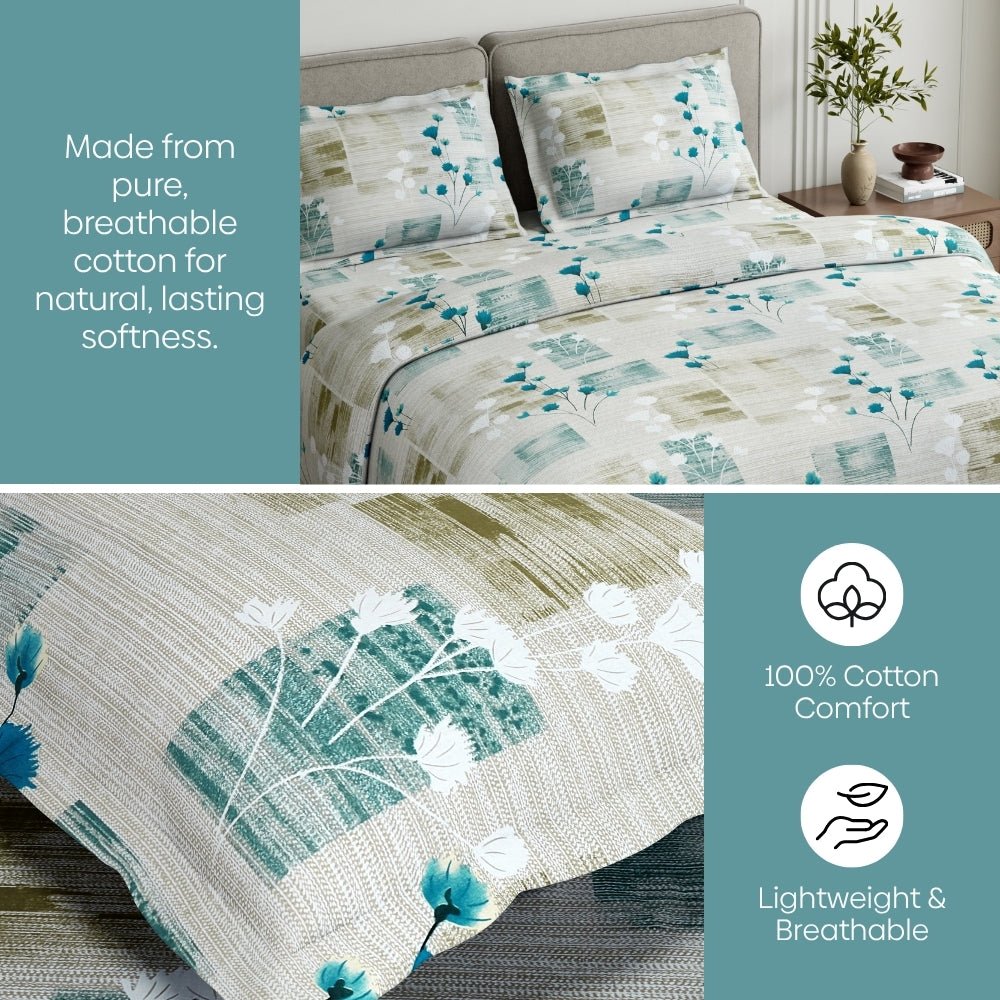 Aqua Meadow 100% Cotton King Size Bedsheet, 144 TC