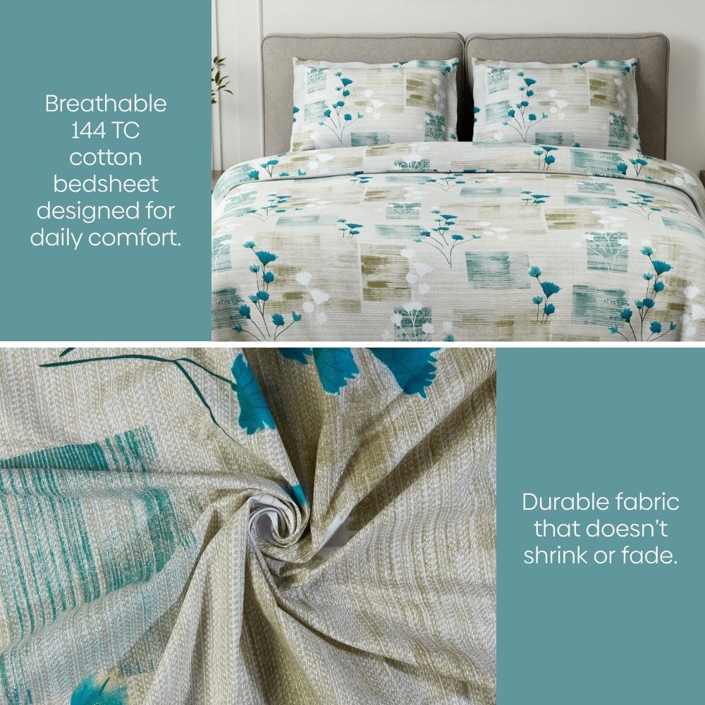Aqua Meadow 100% Cotton King Size Bedsheet, 144 TC