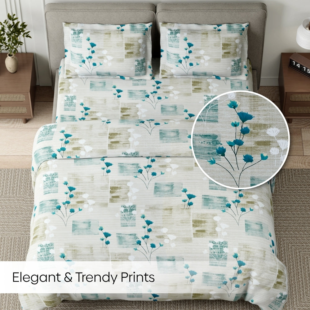 Aqua Meadow 100% Cotton King Size Bedsheet, 144 TC