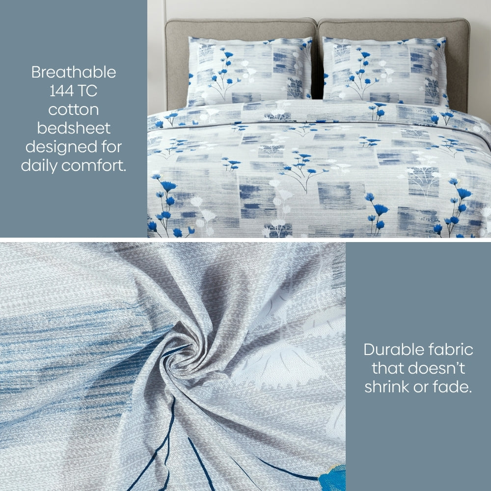 Blue Flower Sketch 100% Cotton Double Bedsheet, 144 TC