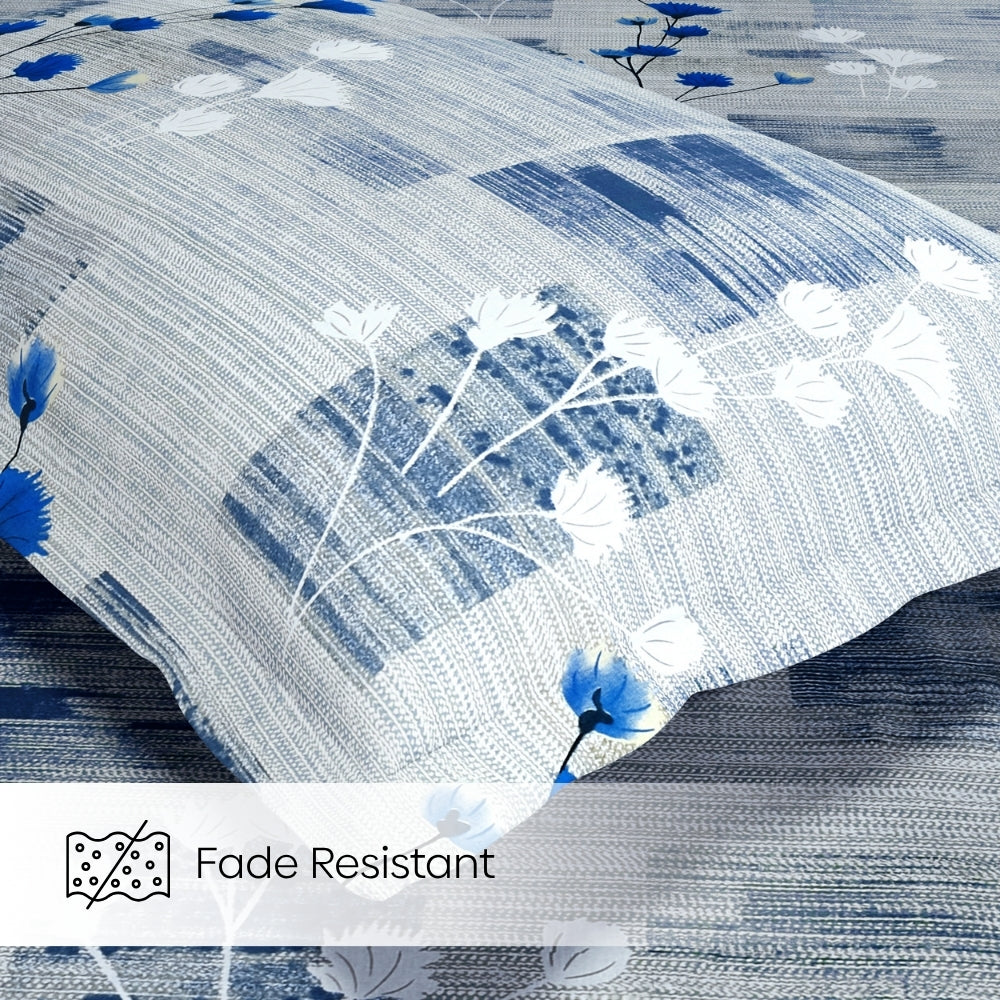 Blue Flower Sketch 100% Cotton Double Bedsheet, 144 TC