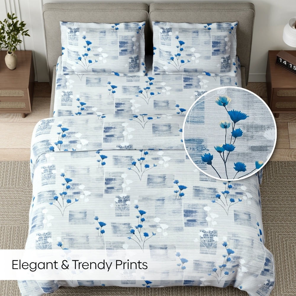 Blue Flower Sketch 100% Cotton King Size Bedsheet, 144 TC